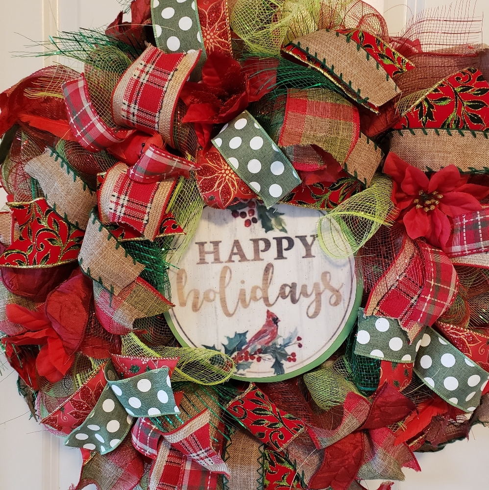 Happy Holidays/ Cardinal/ Poinsettia Wreath